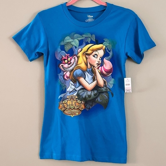 Disney Alice & Cheshire Cat Short Sleeve T Shirt Aqua Blue NWT - Picture 1 of 11